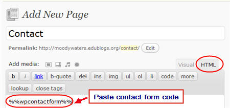 Adding contact form code to a contact page