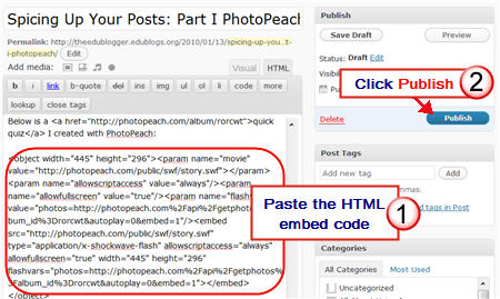 Adding PhotoPeach Embed code to a post