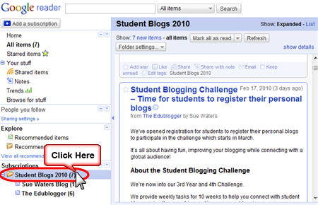 Go to the folder that contains your student blogs