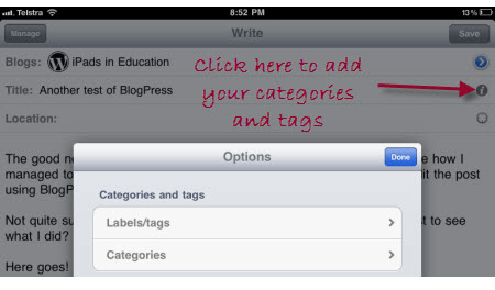 Adding categories and tags using BlogPress