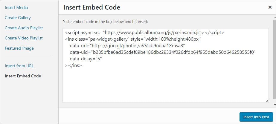 Paste embed code