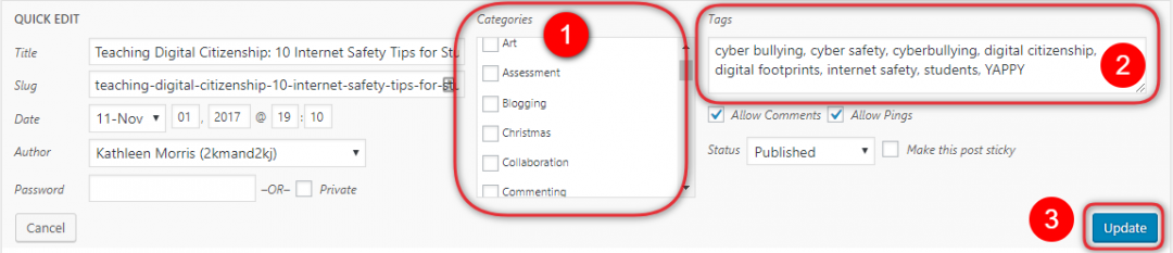 Quick edit is one way to alter tags and categories