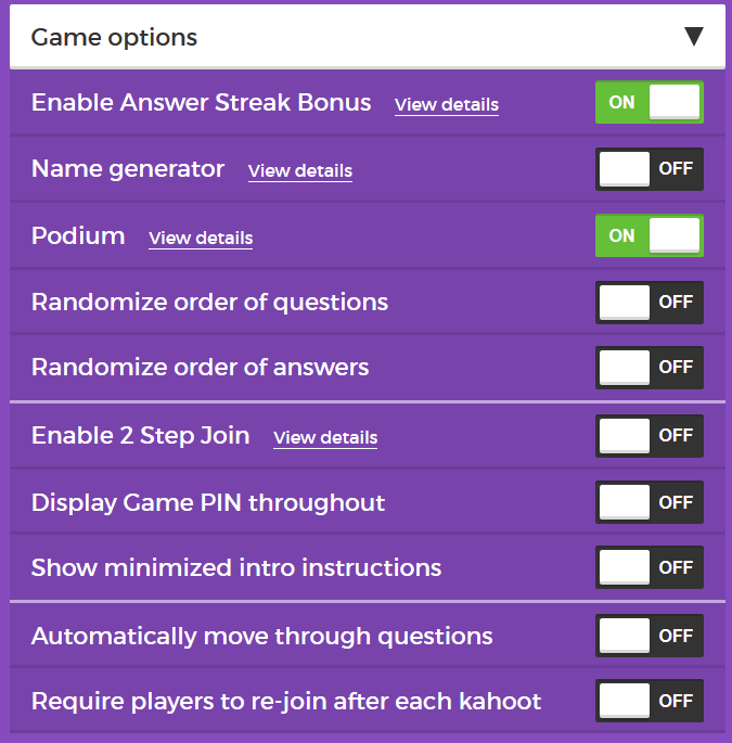 Game options for kahoot
