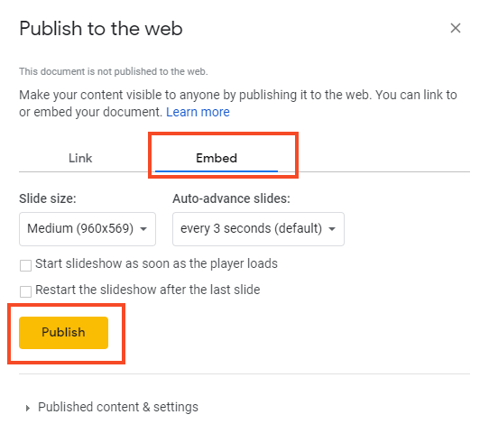Click on embed and then publish (screenshot)
