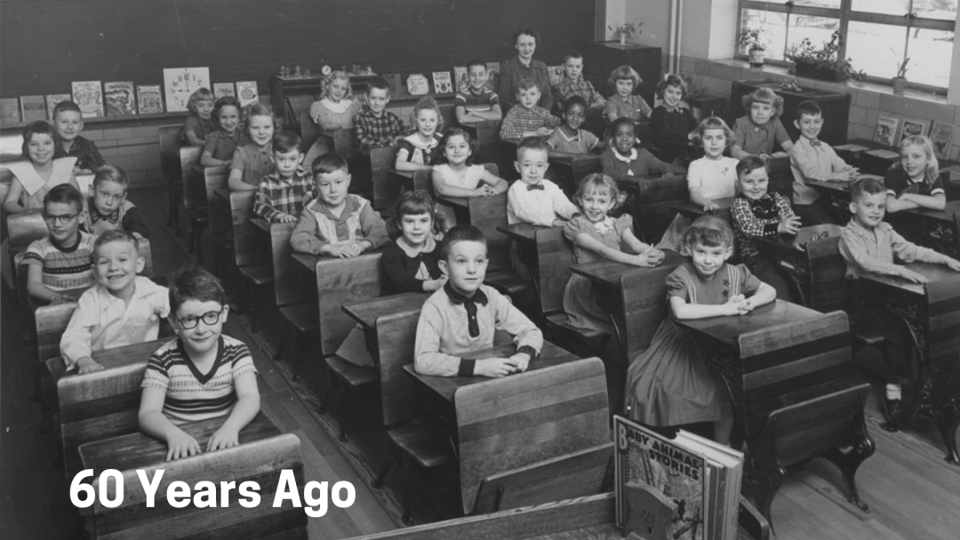 A black and white photograph with students facing the front of the room in a classroom in the 1950s.