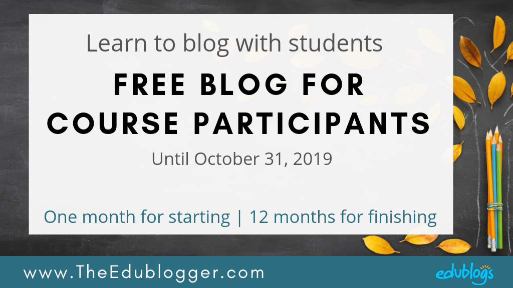 Complete our Blogging With Students course before October 31 and get a free 12 month subscription to Edublogs Pro! We'll walk you step-by-step through the process of setting up a class blog and blogging with students