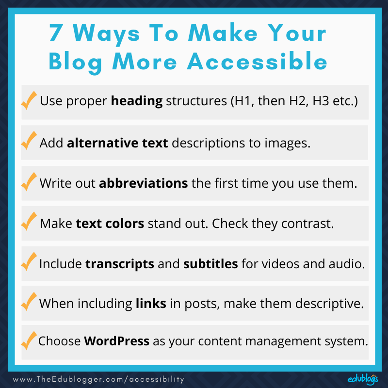 Summary graphics of 7 Ways To Make Your Blog More Accessible as explained in the linked post