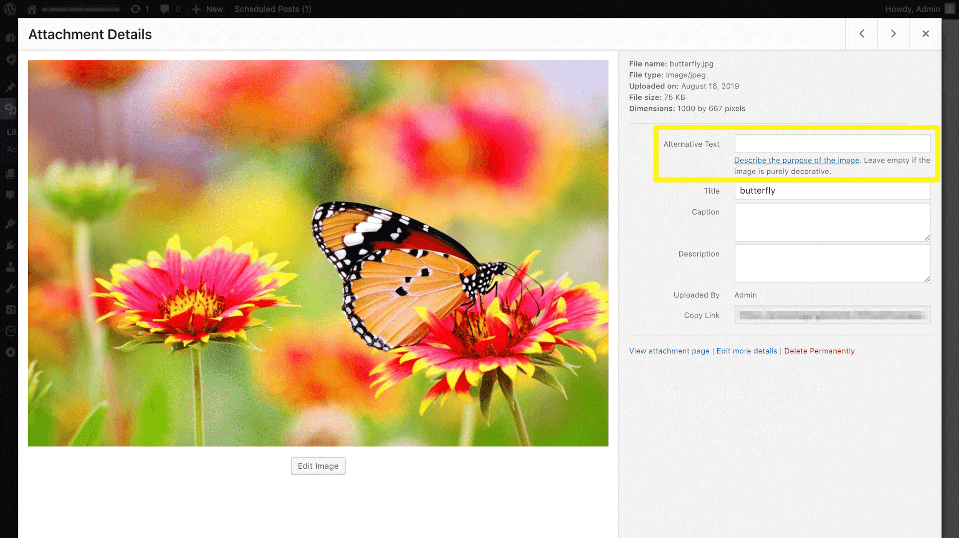 Enter the alt text information into the field on the right in your Media Library (screenshot)