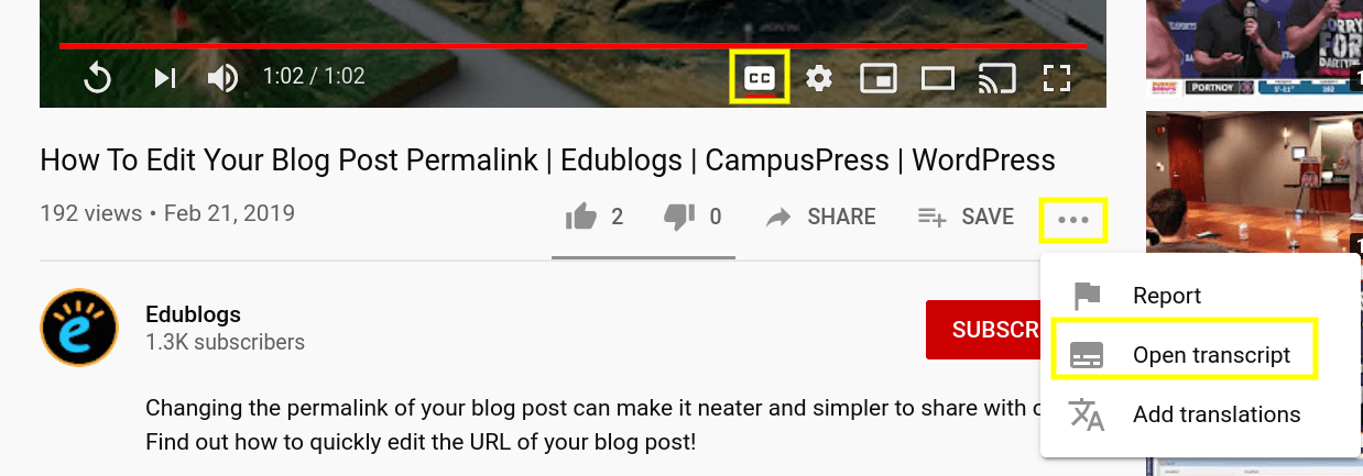 Screenshot showing how to open transcript in YouTube as explained in the post. 
