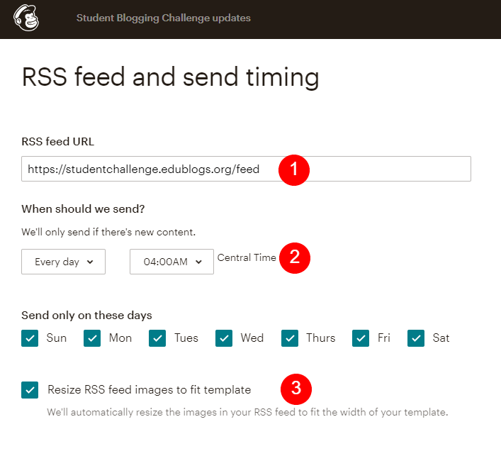Choose your RSS feed and send timing options