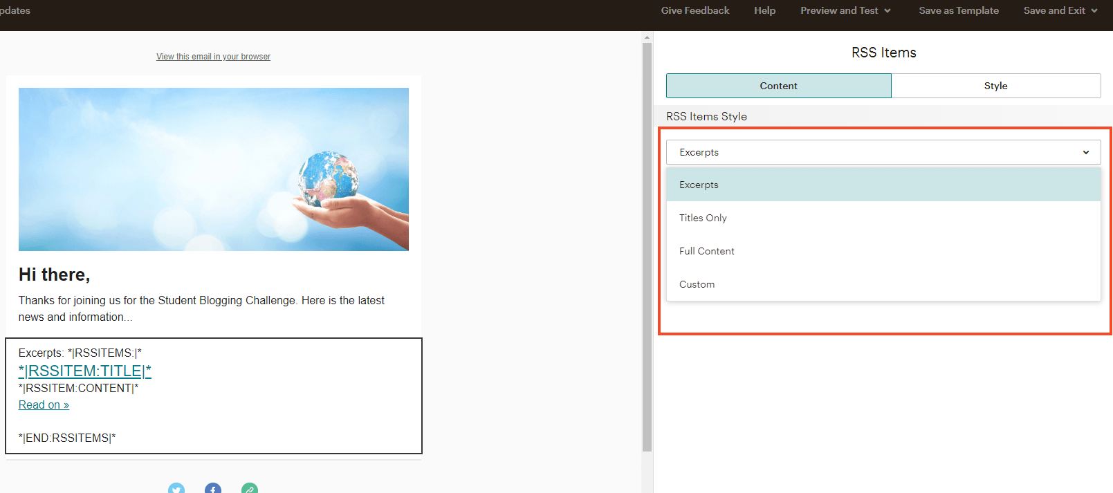 Use the drop down menu to select full post or excerpt