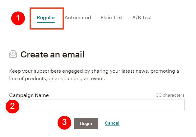 Create a regular Mailchimp campaign (screenshot of step)