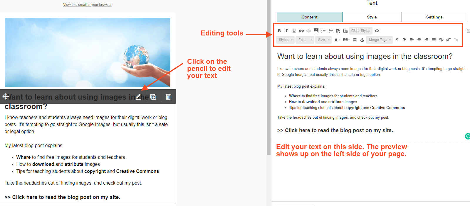 Screenshot showing how to edit text in Mailchimp