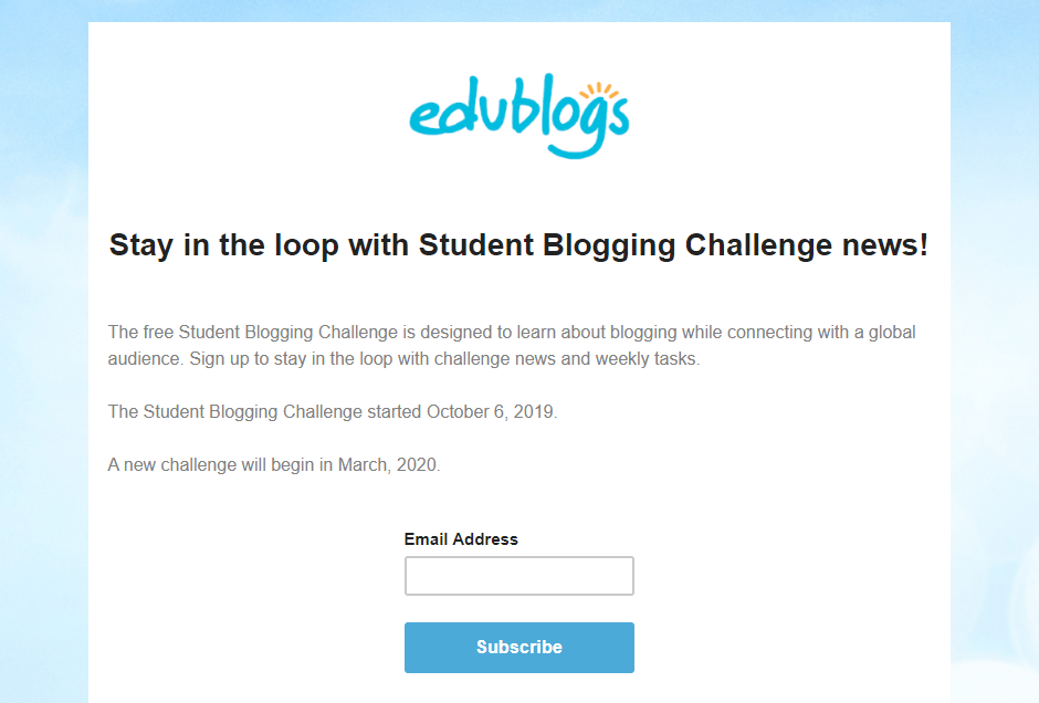 Example of a sign up form for the Student Blogging Challenge