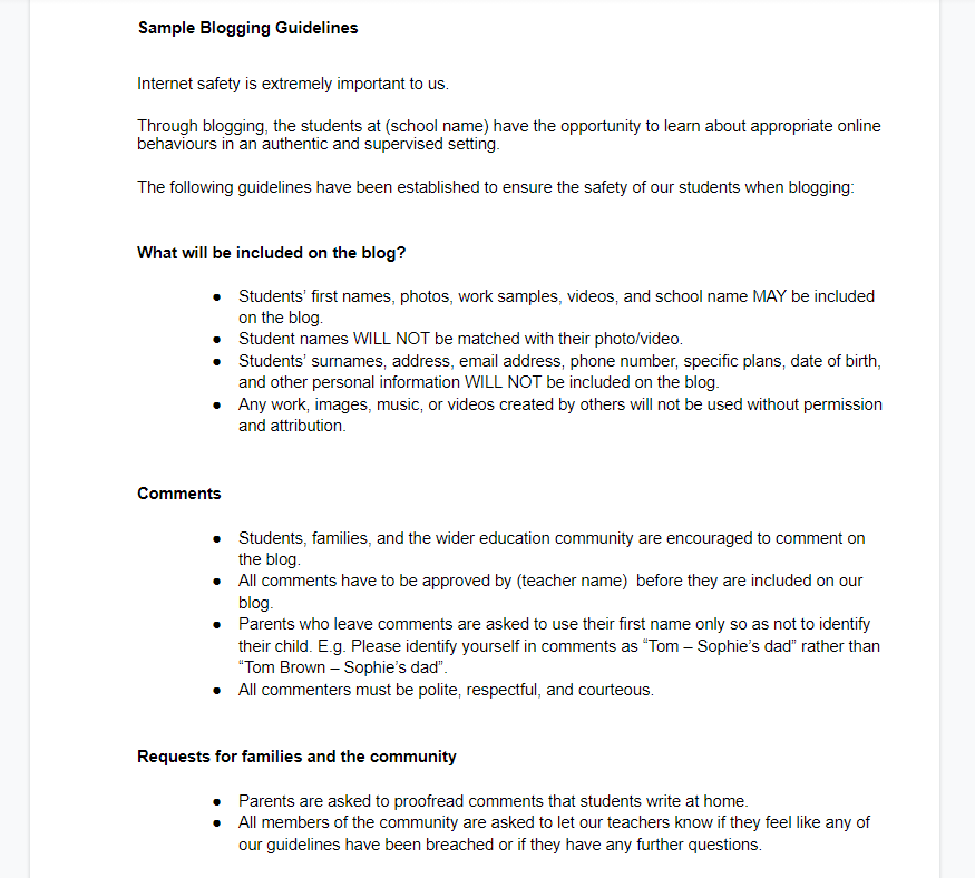 Screenshot of sample blogging guidelines as linked to in the post